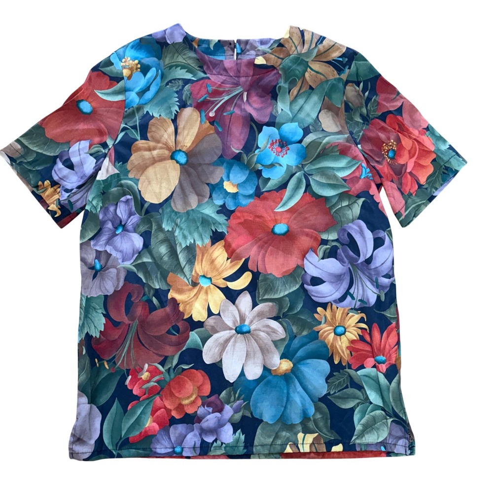 80s Alfred Dunner Floral Blouse Navy Blue Abstract Size 10 Made in‎ USA Art VTG